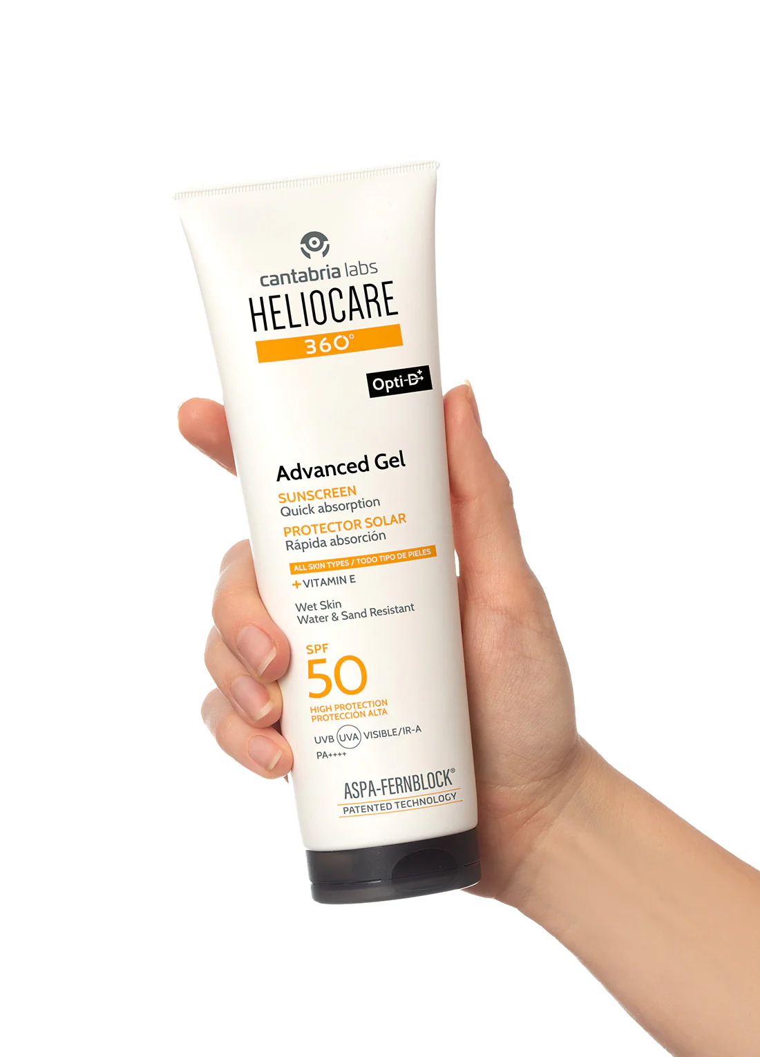 A product bottle of Heliocare 360° Advanced Body Gel SPF50.