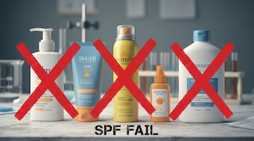 A line of different sunscreen bottles with a large red cross marked over them.