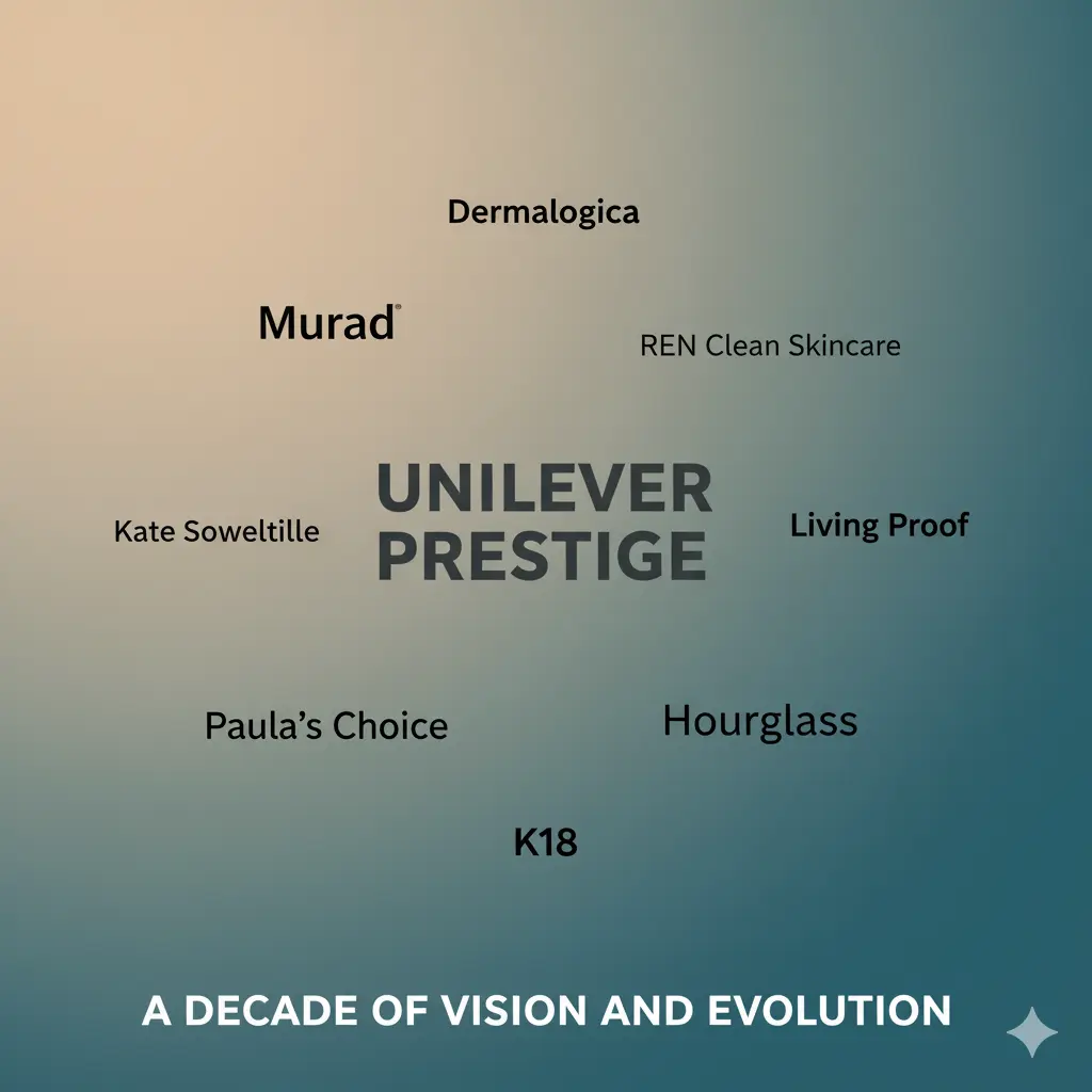 A collage of logos from brands owned by Unilever Prestige, including Dermalogica, Hourglass, and Paula's Choice.